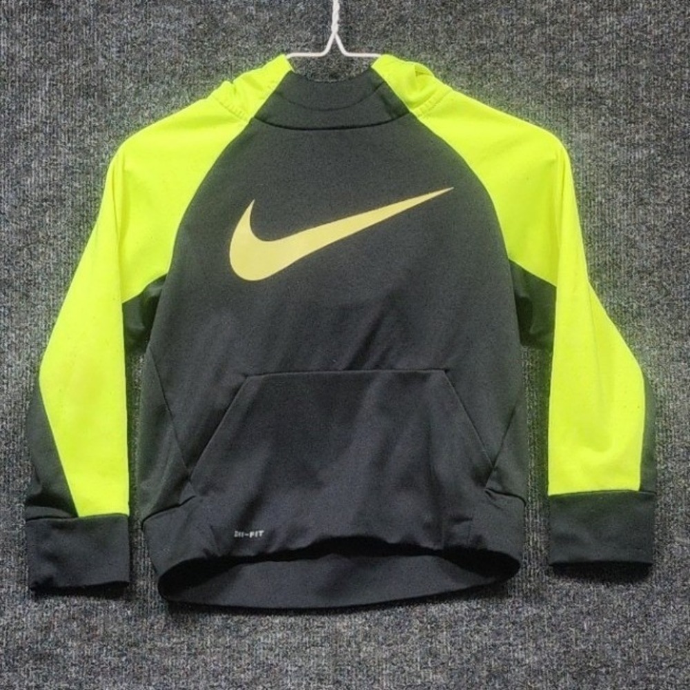 Nike Hoodie Kids XS Black Neon Yellow Good Dri-FIT Pullover Sweatshirt